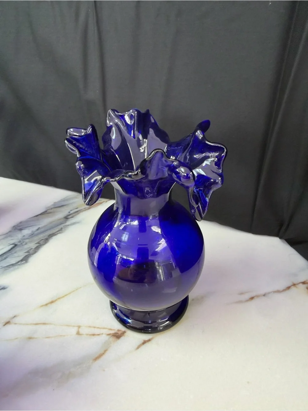 Vintage Cobalt Blue Art Glass Vase Set - 4 Piece Ruffled & Crimped Vase Bundle